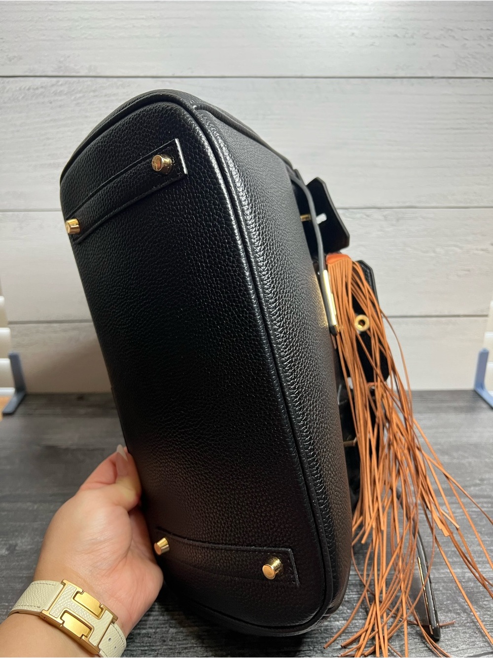 Black Leather Satchel with Orange Fringe and Twill-Handle Wrap - Picture 4 of 6